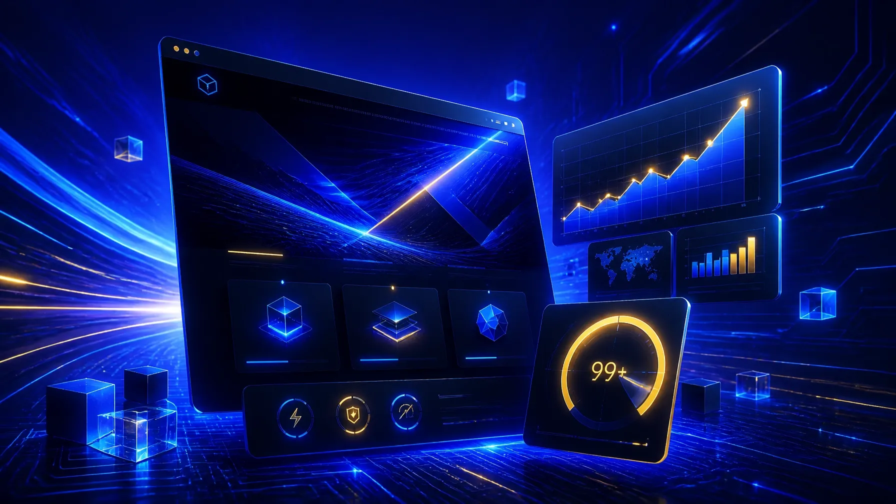 A high-performance website and analytics dashboard showing rising traffic and a 99+ PageSpeed score