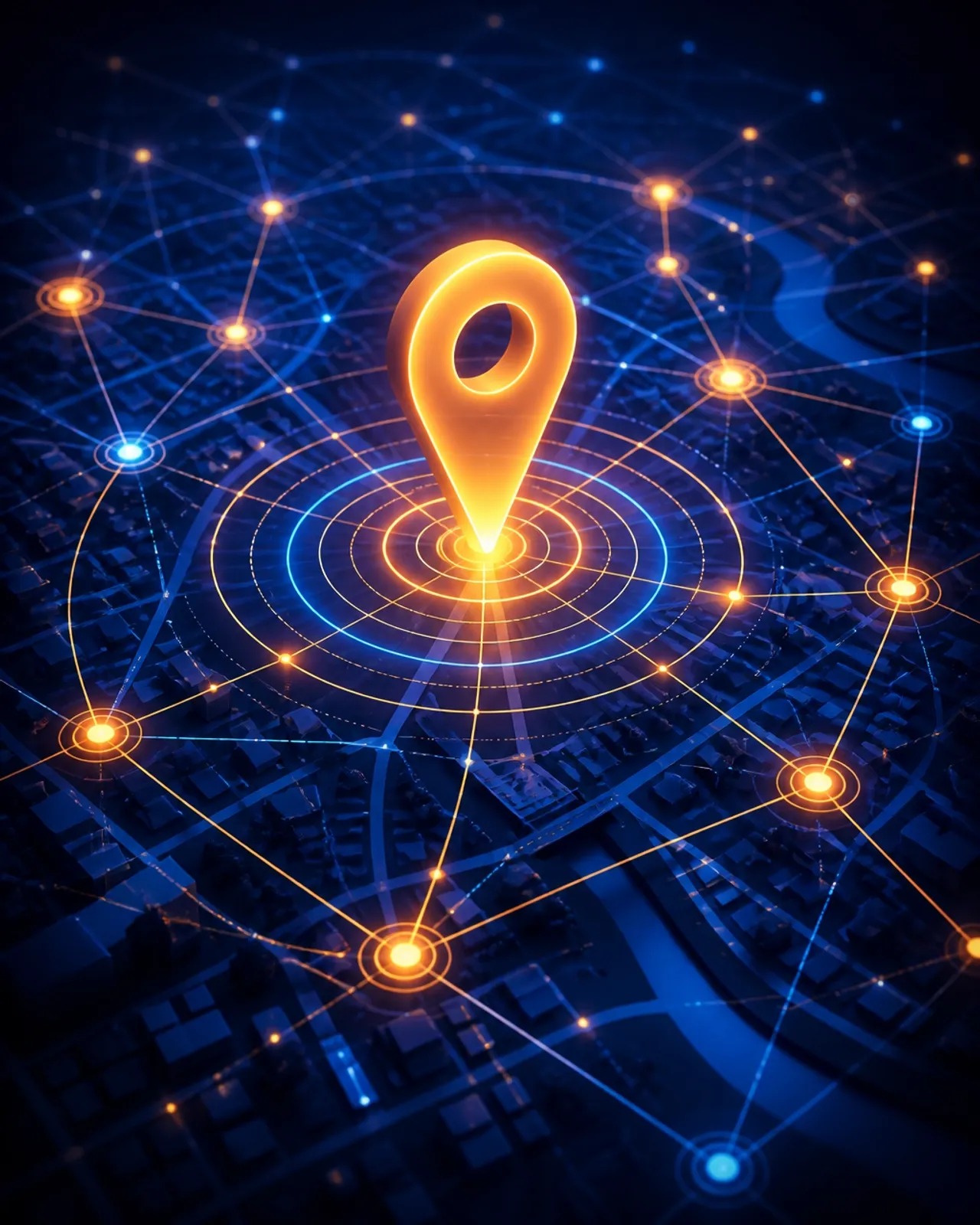 A glowing map pin with radar rings representing local Google Maps dominance